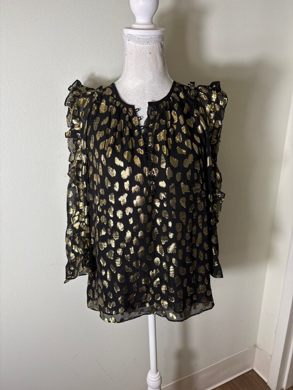 Rebecca Taylor Black and Gold 3/4 Sleeve Semi Sheer Blouse Sz 4